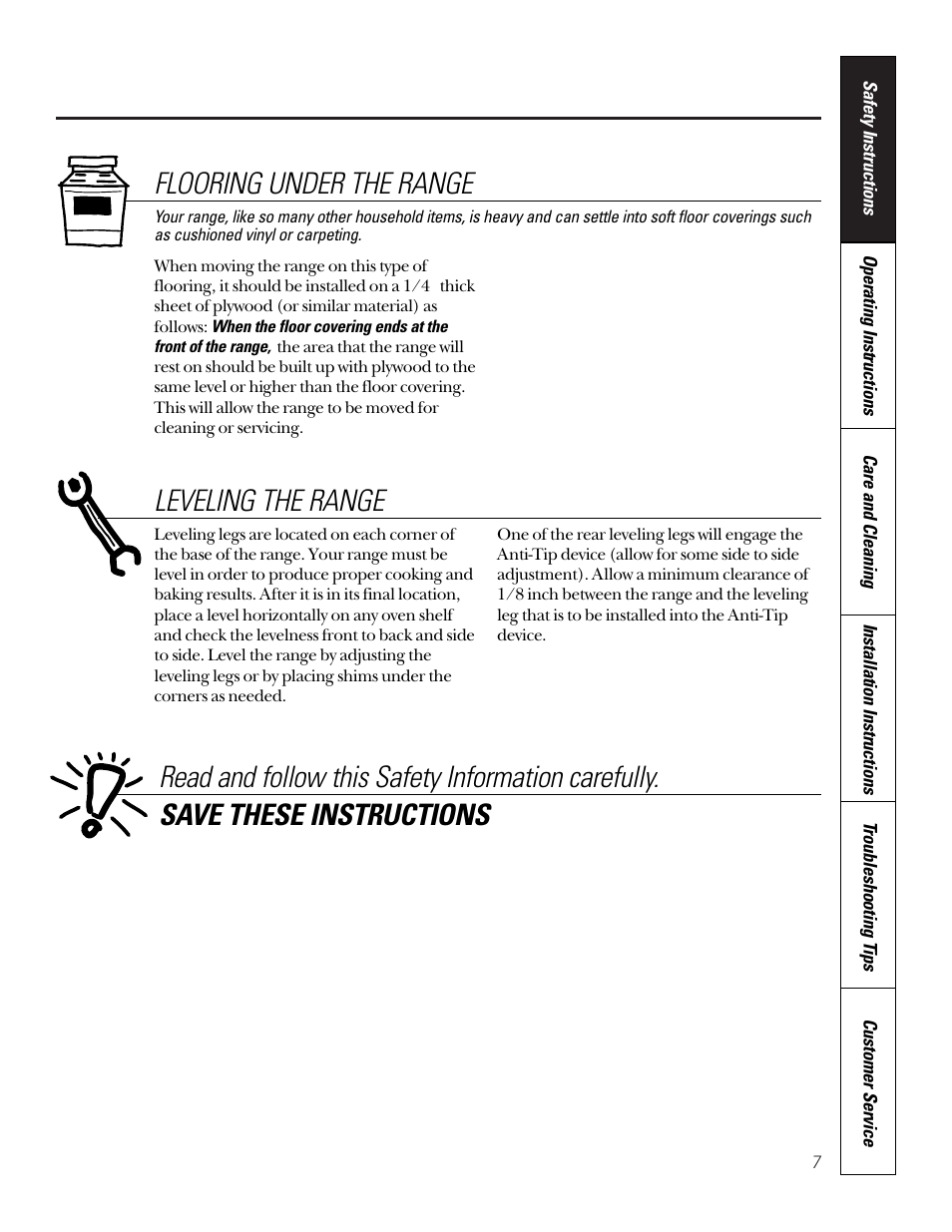 Flooring under the range, Leveling the range | GE 164D3333P185-1 User Manual | Page 7 / 36