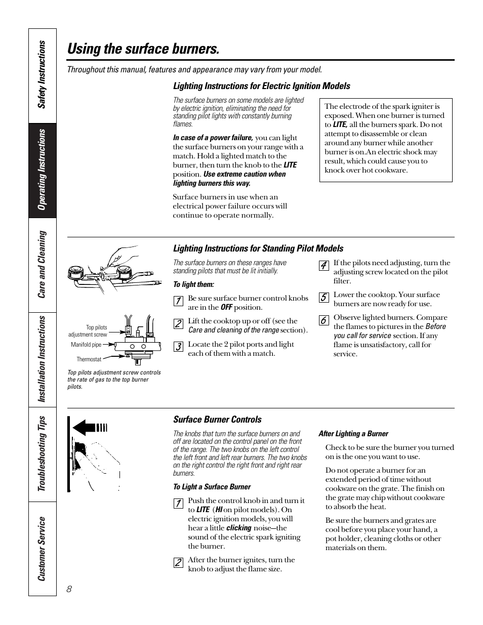 Using the surface burners, Using the surface burners , 9 | GE 164D3333P185-1 User Manual | Page 8 / 36