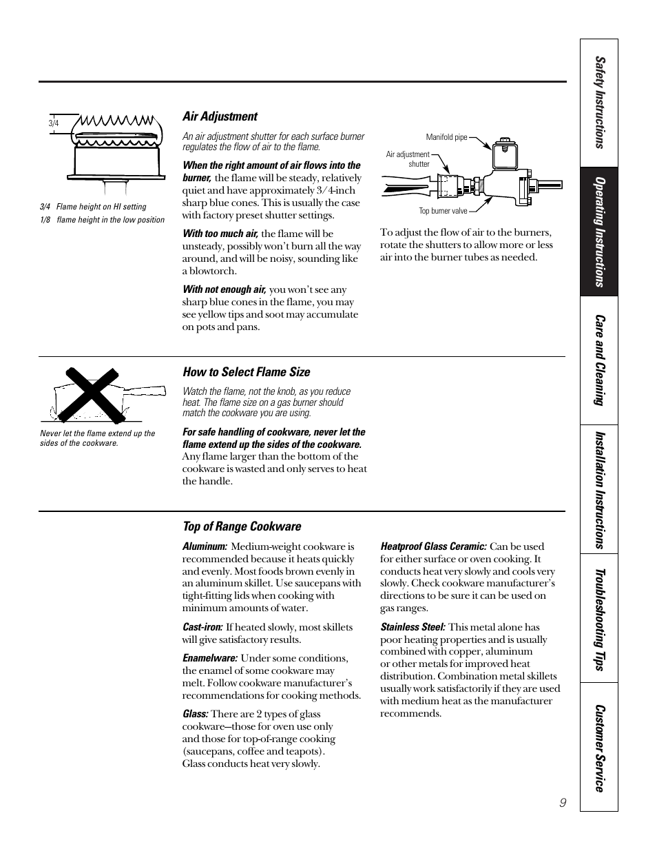 Top of range cookware, Air adjustment | GE 164D3333P185-1 User Manual | Page 9 / 36