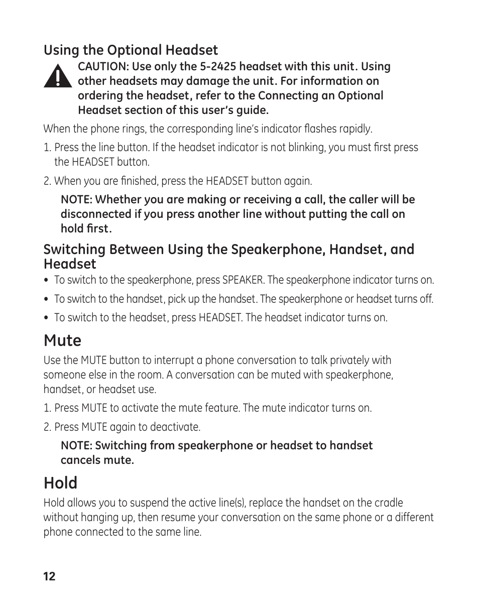 Mute, Hold | GE 29484GE2 User Manual | Page 12 / 60