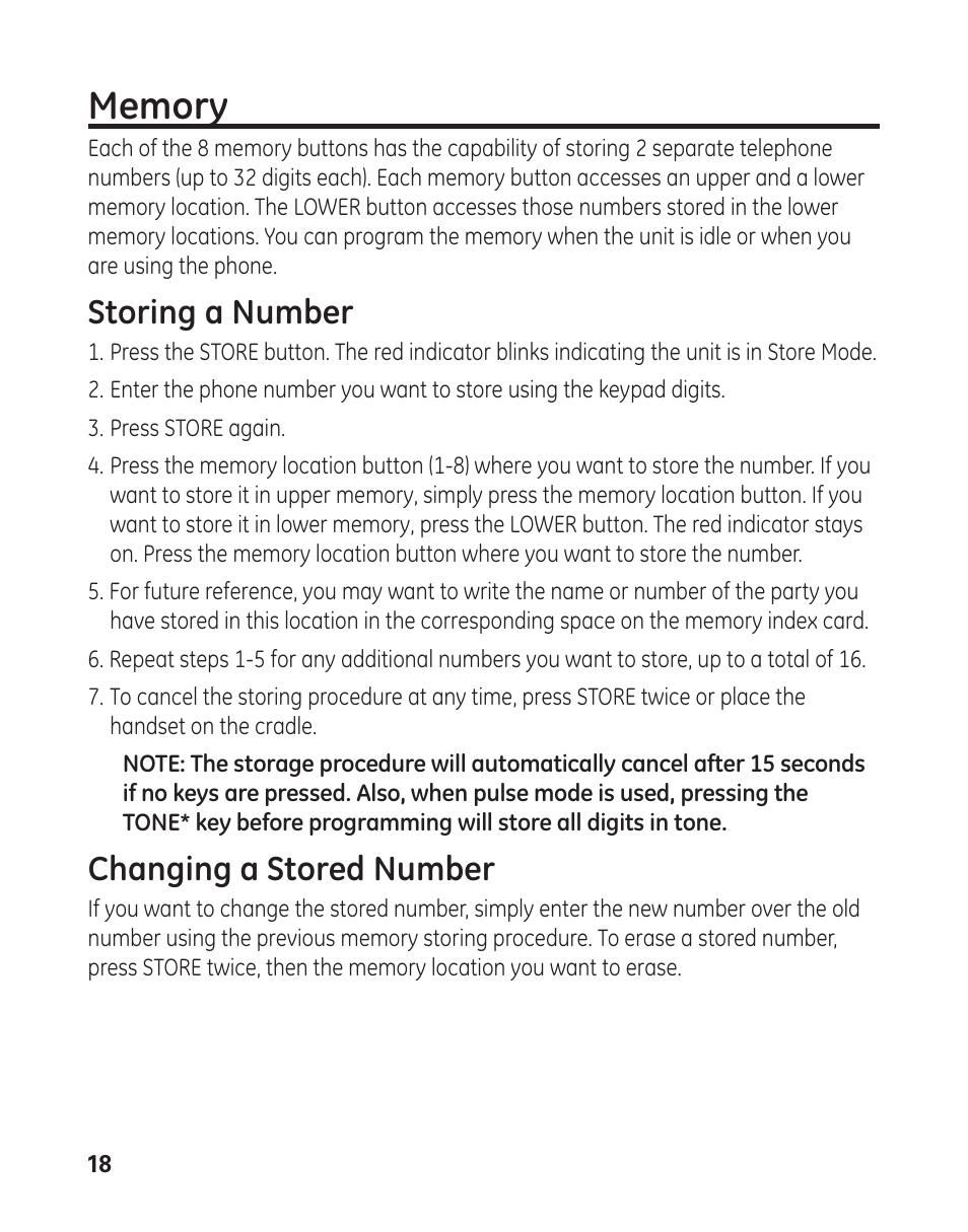 Storing a number, Changing a stored number | GE 29484GE2 User Manual | Page 18 / 60
