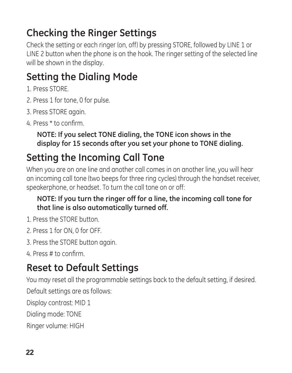 Checking the ringer settings, Setting the dialing mode, Setting the incoming call tone | Reset to default settings | GE 29484GE2 User Manual | Page 22 / 60