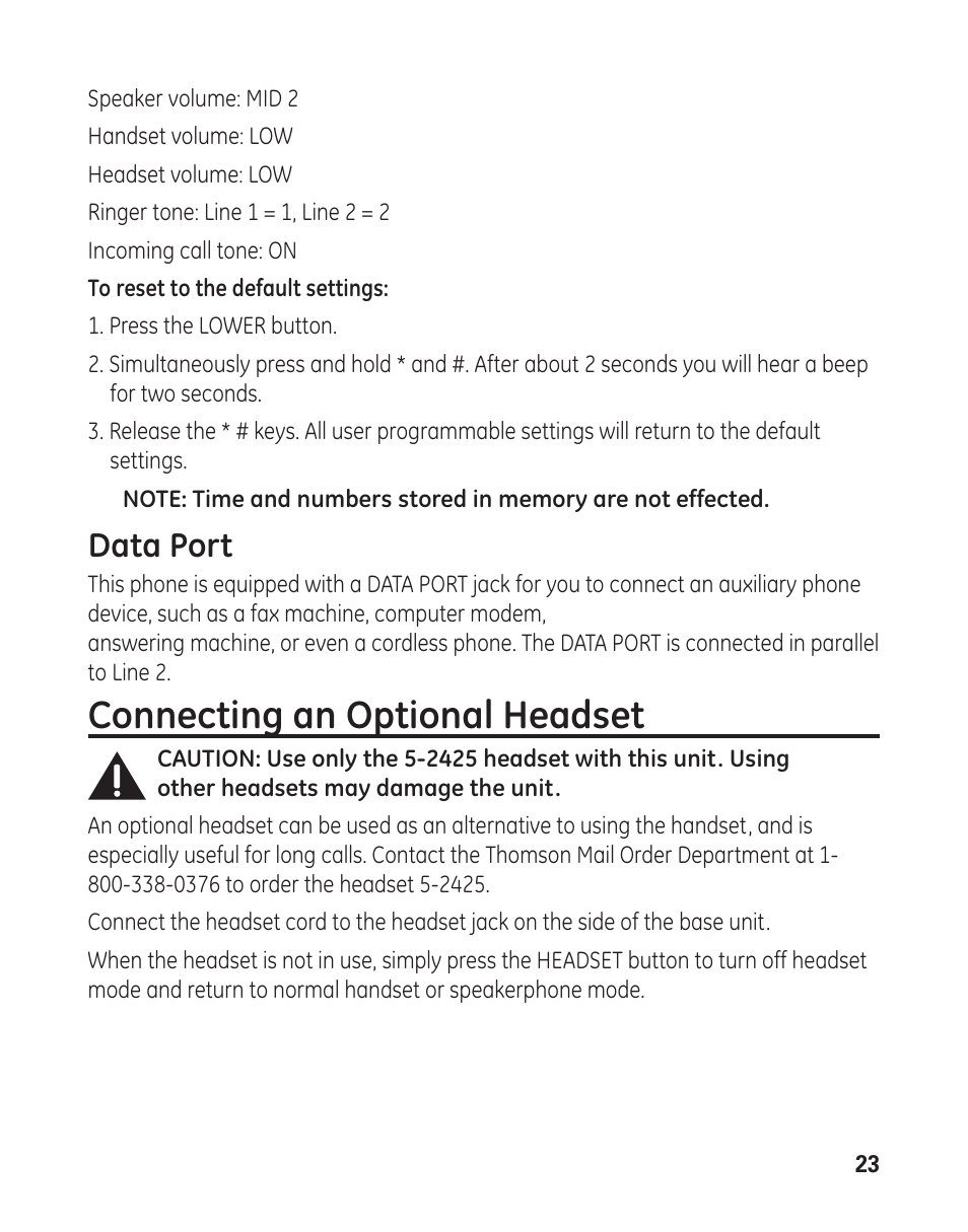 Connecting an optional headset, Data port | GE 29484GE2 User Manual | Page 23 / 60