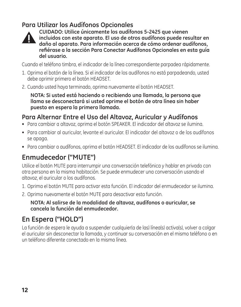 Enmudecedor (“mute”), En espera (“hold”), Para utilizar los audífonos opcionales | GE 29484GE2 User Manual | Page 42 / 60