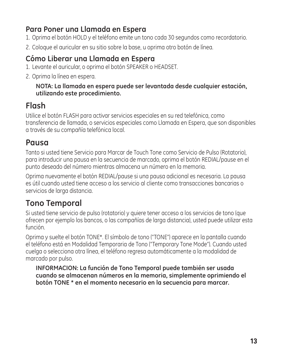 Flash, Pausa, Tono temporal | Para poner una llamada en espera, Cómo liberar una llamada en espera | GE 29484GE2 User Manual | Page 43 / 60