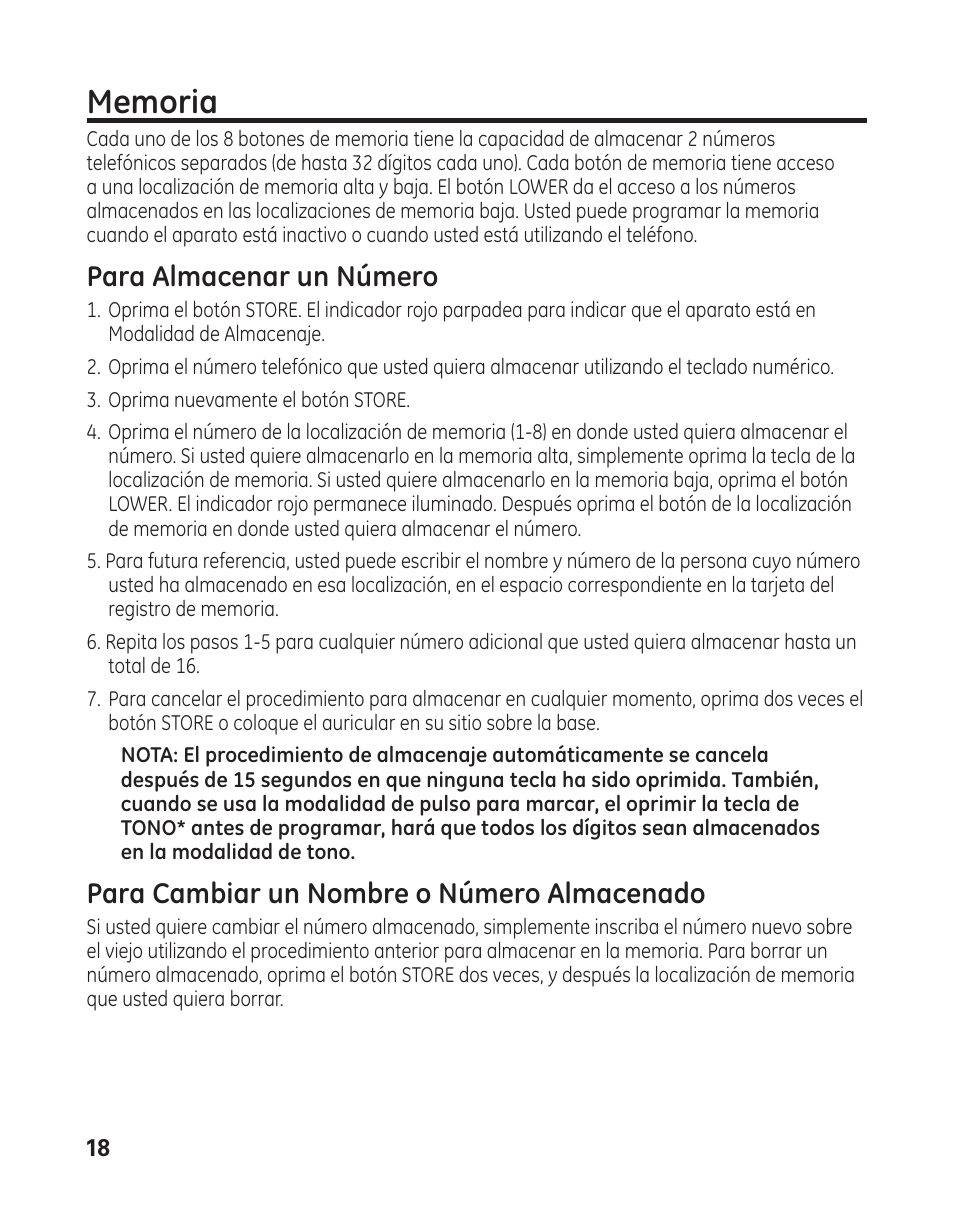 Para almacenar un número, Para cambiar un nombre o número almacenado | GE 29484GE2 User Manual | Page 48 / 60