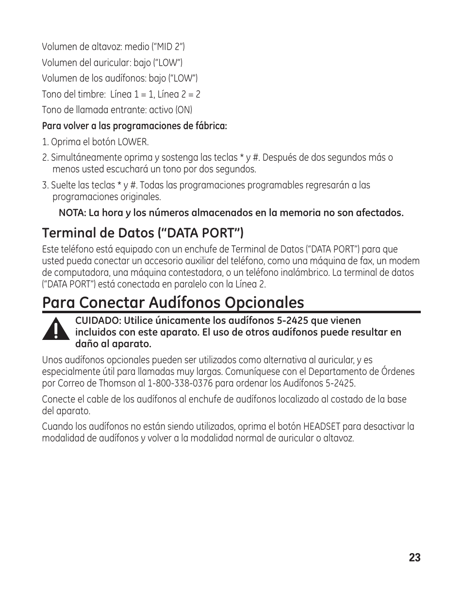 Para conectar audífonos opcionales, Terminal de datos (“data port”) | GE 29484GE2 User Manual | Page 53 / 60
