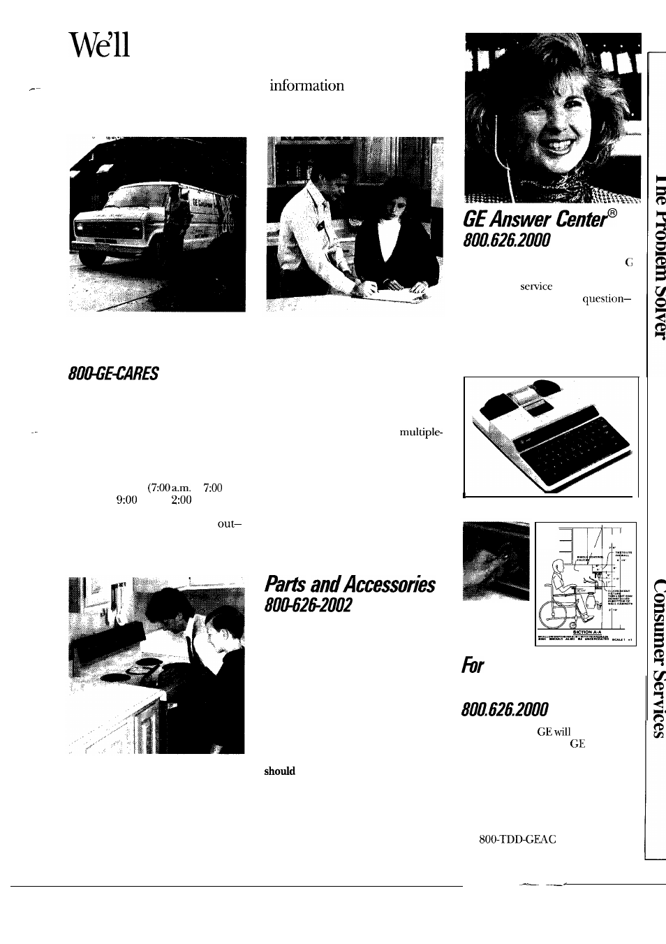 Consumer services 27, Consumer services, Be there | In-home repair service, Service contracts, Customers with special needs | GE 164 D2588P120 User Manual | Page 27 / 28