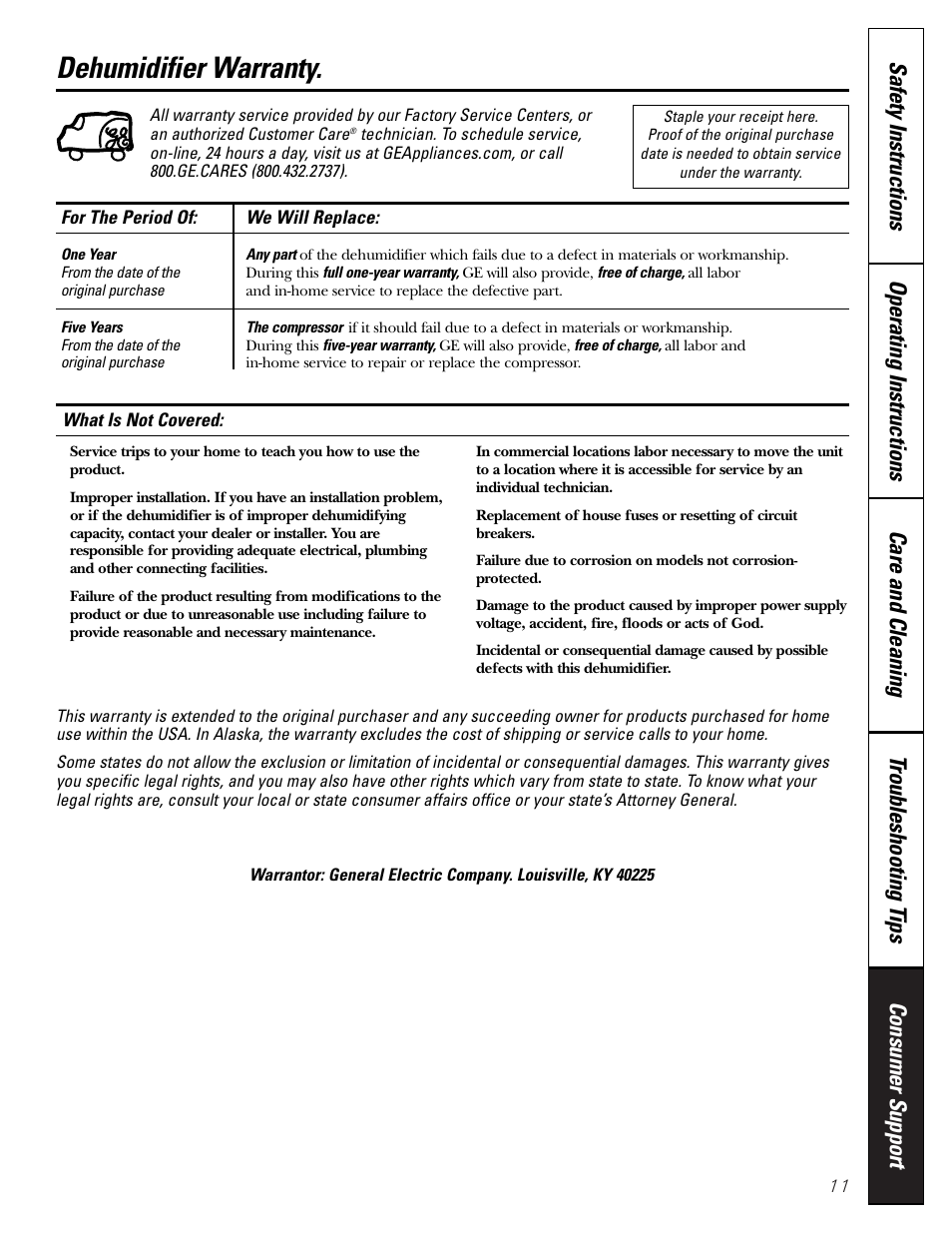 Warranty, Dehumidifier warranty | GE AHG50 User Manual | Page 11 / 12