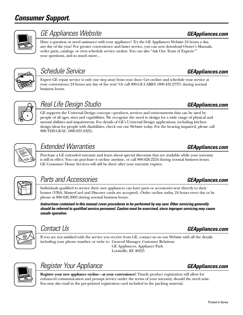 Consumer support, Consumer support . . . . .back cover, Consumer support. ge appliances website | Schedule service, Real life design studio, Extended warranties, Parts and accessories, Contact us, Register your appliance | GE AHG50 User Manual | Page 12 / 12
