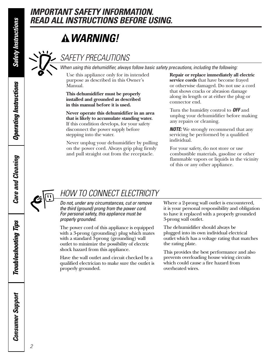 Safety instructions, Warning, Safety precautions | How to connect electricity | GE AHG50 User Manual | Page 2 / 12