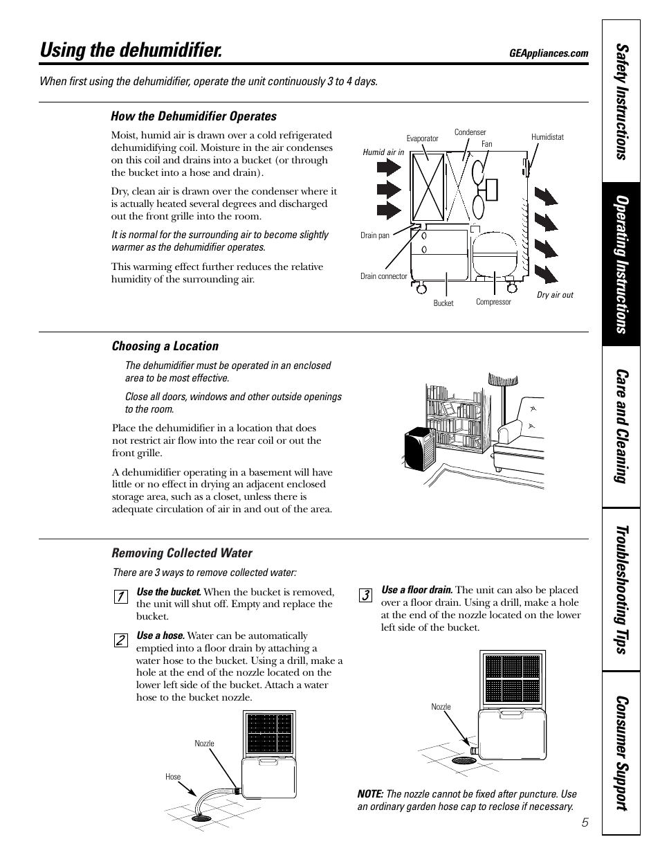 How the dehumidifier operates, Location, Removing collected water | Using the dehumidifier | GE AHG50 User Manual | Page 5 / 12