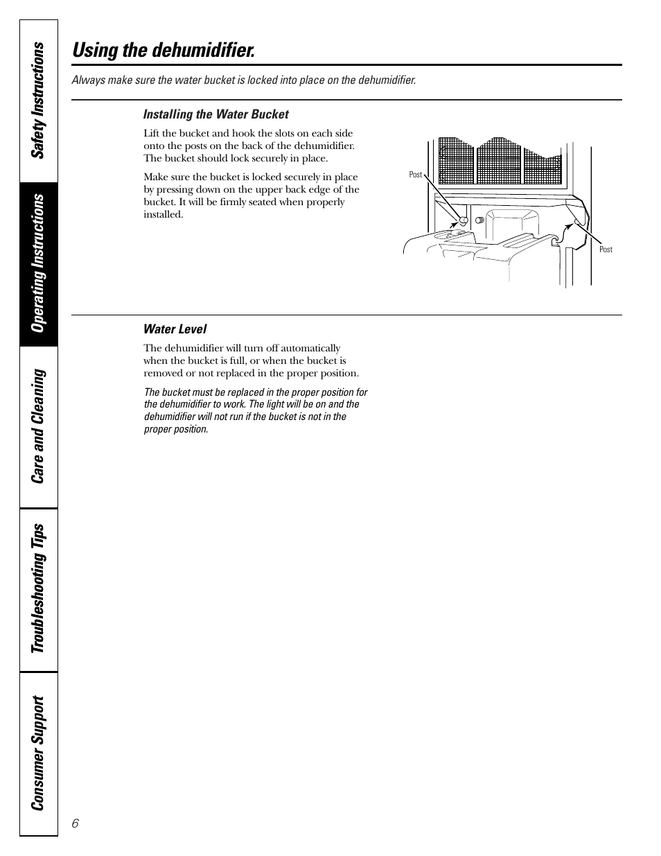 Water bucket installation, Water level, Water bucket installation water level | Using the dehumidifier | GE AHG50 User Manual | Page 6 / 12