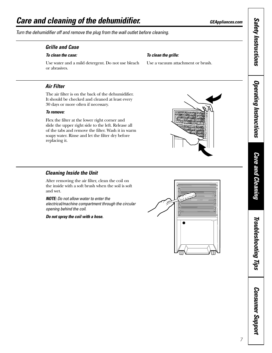 Air filter, Cleaning inside the unit, Grille and case | Care and cleaning of the dehumidifier | GE AHG50 User Manual | Page 7 / 12