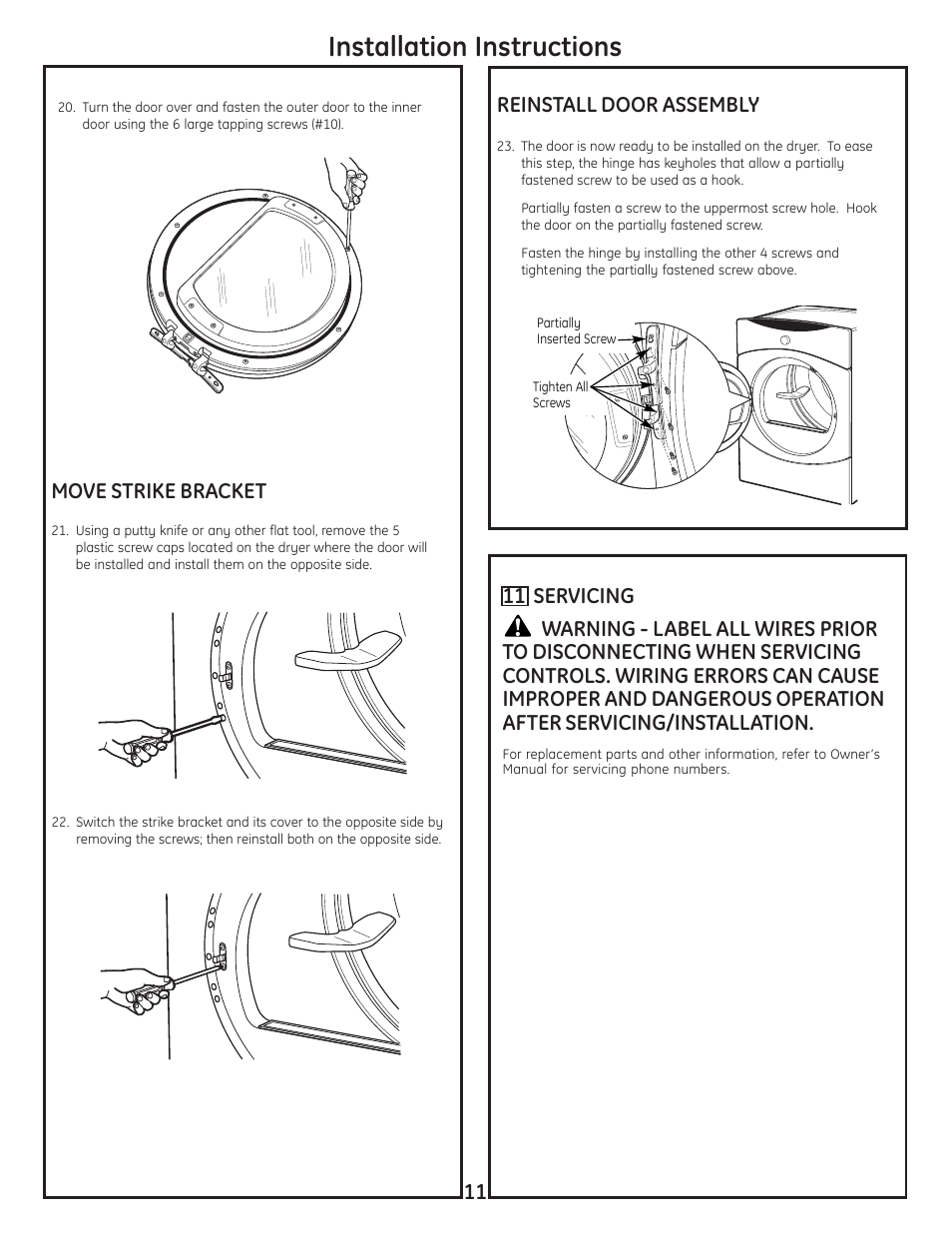 Installation instructions, Move strike bracket, 11 servicing | GE DCVH680EJBB User Manual | Page 11 / 12