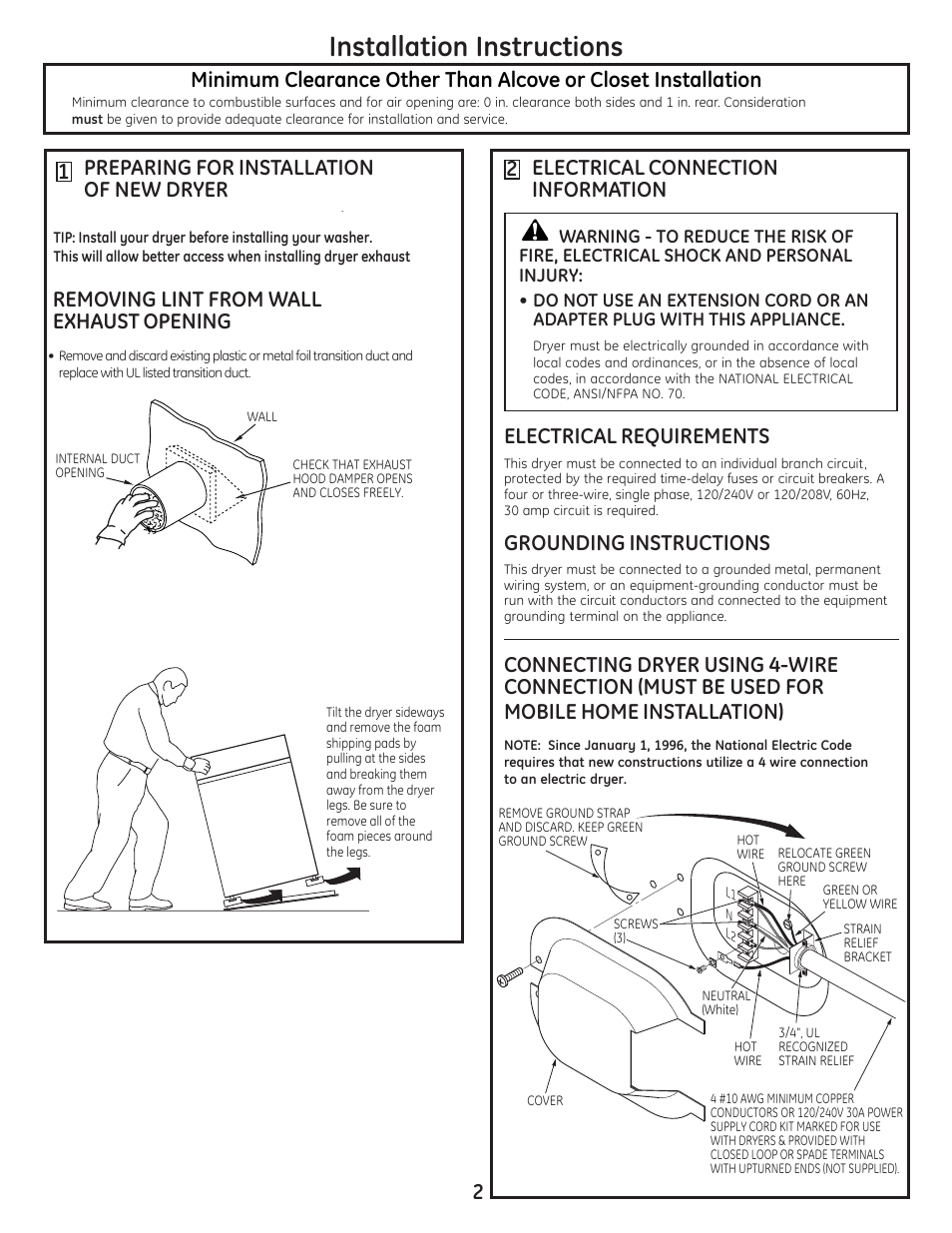 Installation instructions, Electrical requirements, Grounding instructions | GE DCVH680EJBB User Manual | Page 2 / 12