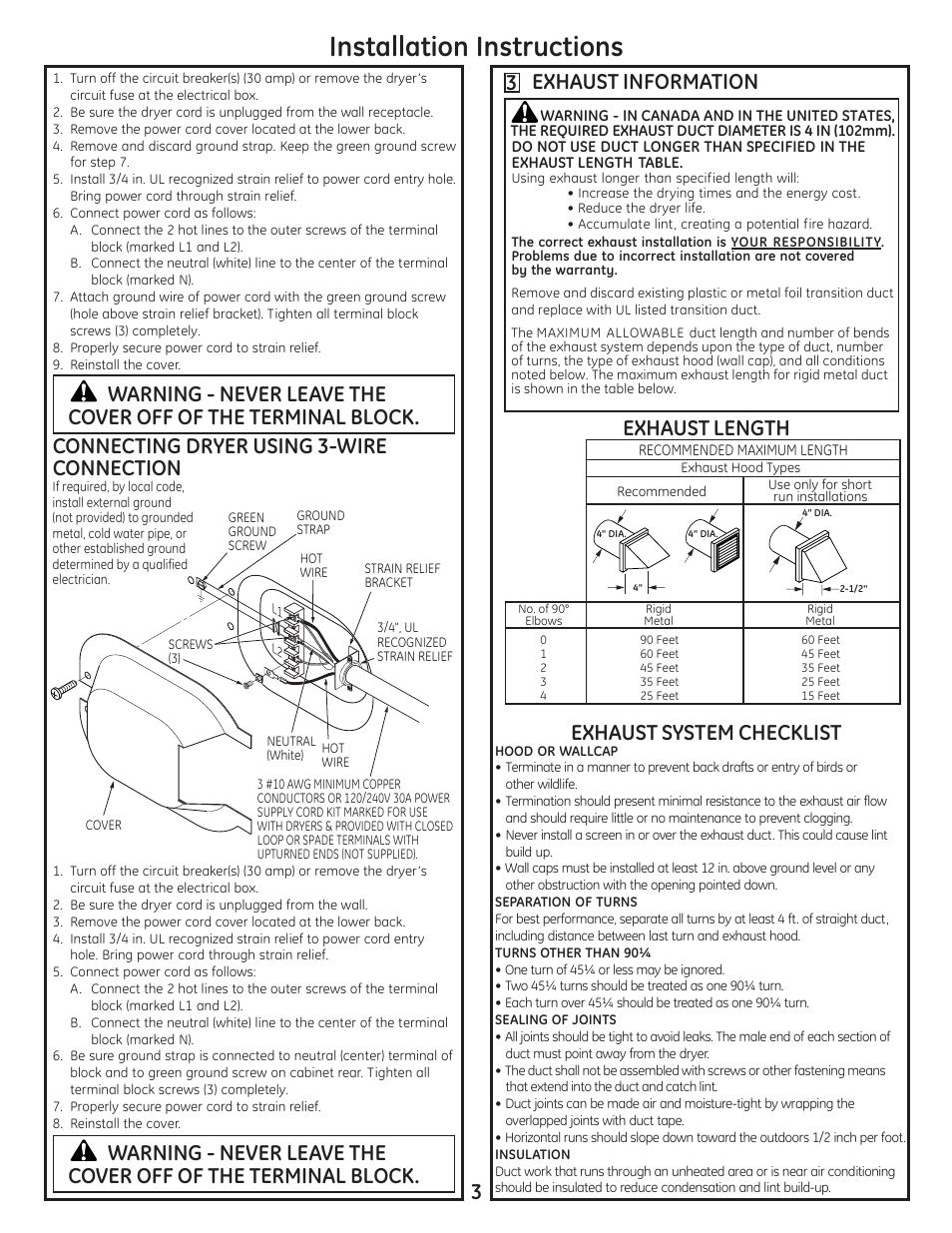 Installation instructions, 3 exhaust information, Exhaust length | GE DCVH680EJBB User Manual | Page 3 / 12