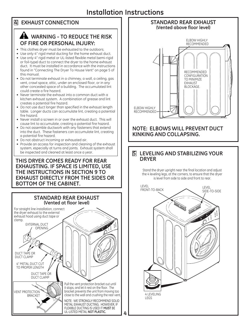 Installation instructions, Standard rear exhaust | GE DCVH680EJBB User Manual | Page 4 / 12