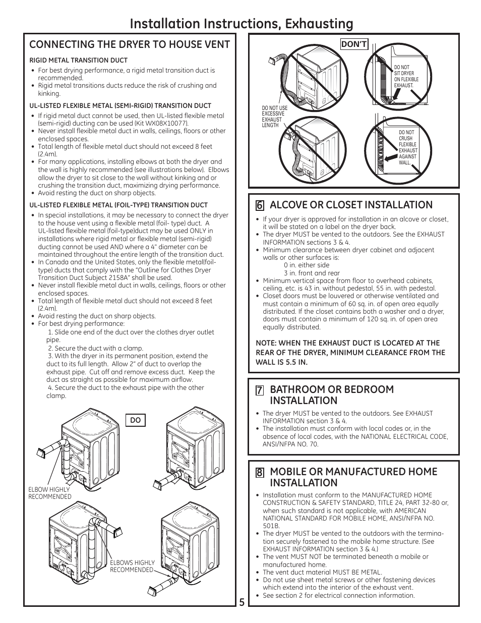 Installation instructions, exhausting, 7 bathroom or bedroom installation, 8 mobile or manufactured home installation | GE DCVH680EJBB User Manual | Page 5 / 12