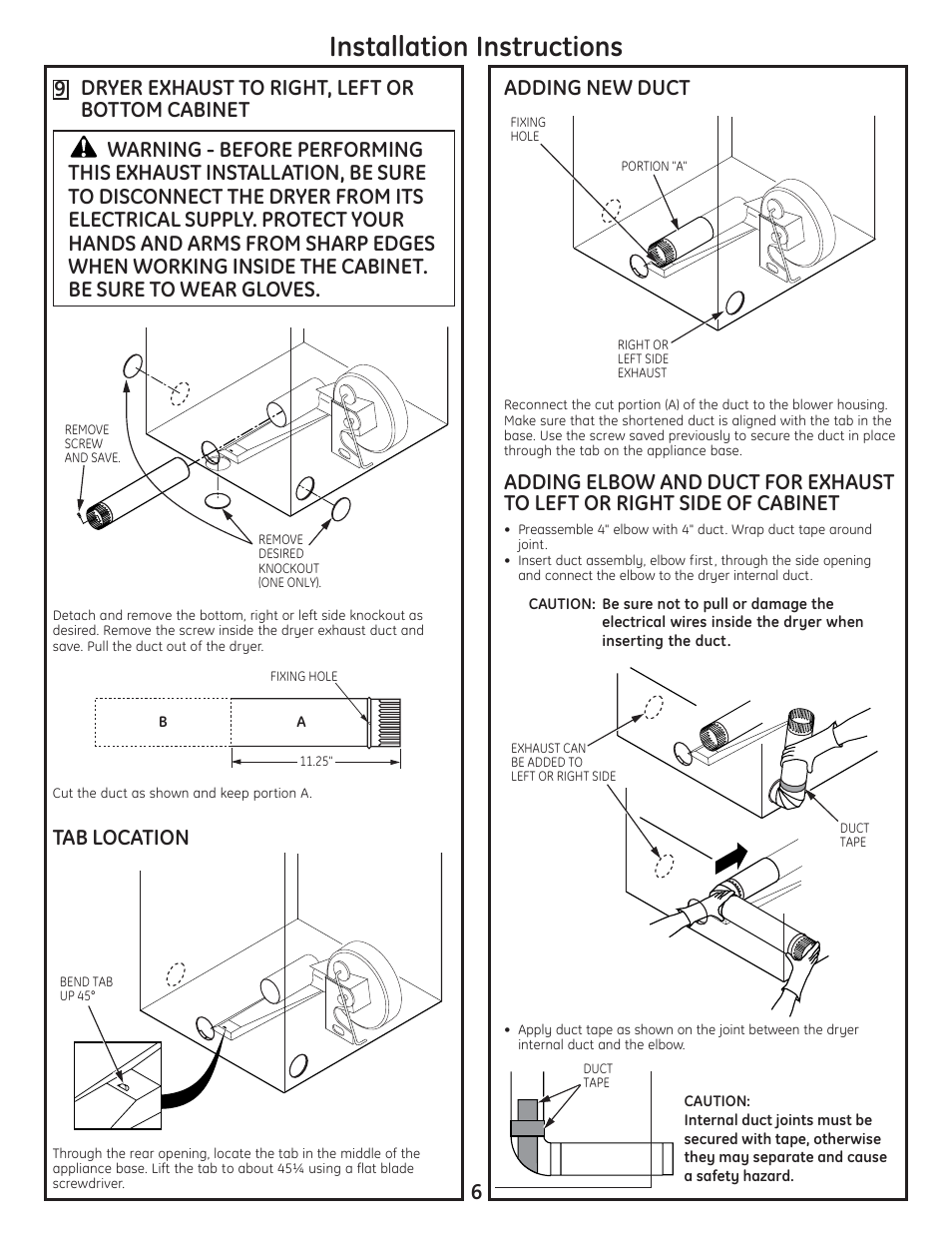 Installation instructions, 6adding new duct, Tab location | GE DCVH680EJBB User Manual | Page 6 / 12