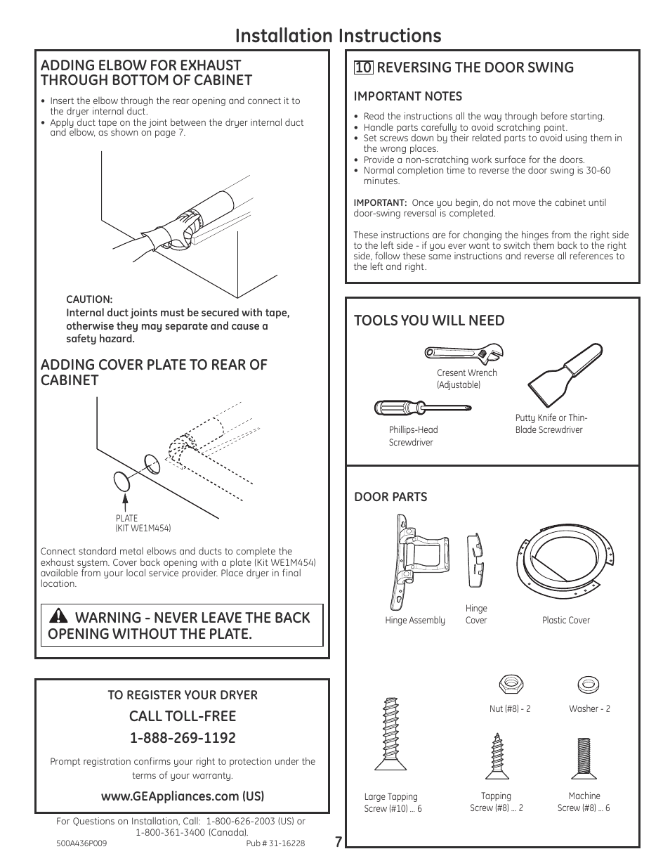 Installation instructions, 10 reversing the door swing, 7tools you will need | Adding cover plate to rear of cabinet | GE DCVH680EJBB User Manual | Page 7 / 12