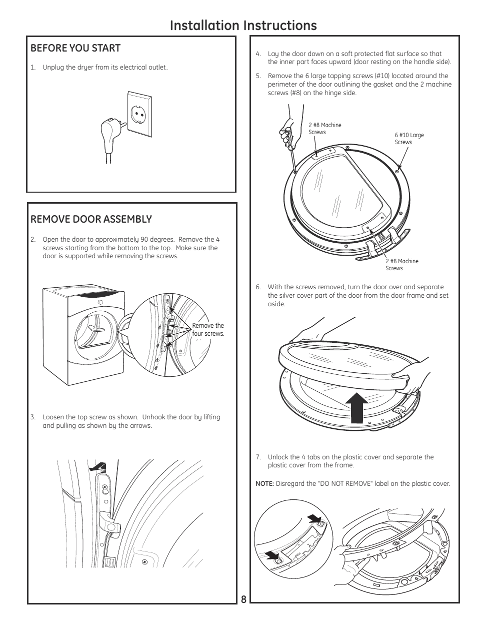 Installation instructions, Before you start remove door assembly | GE DCVH680EJBB User Manual | Page 8 / 12