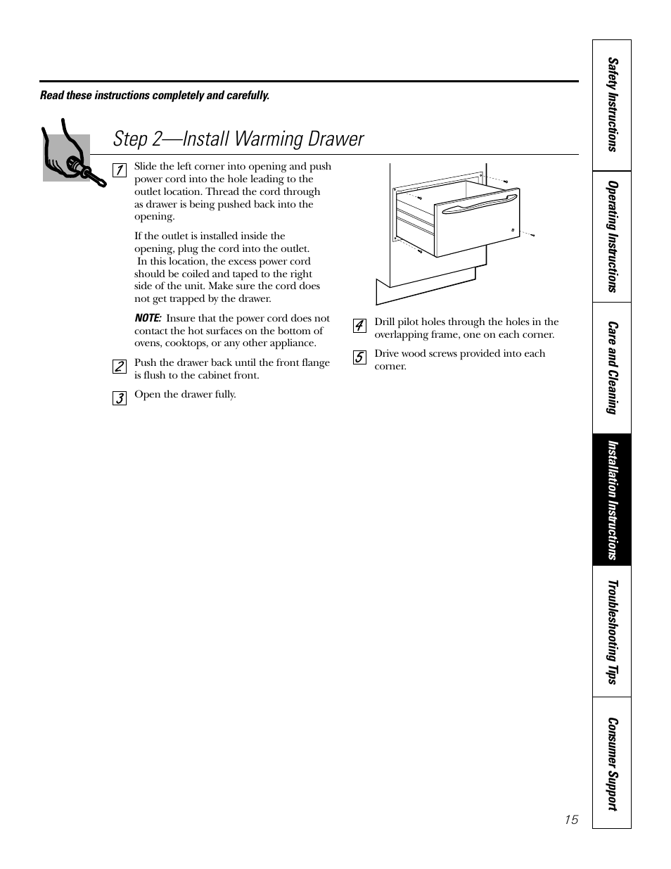 Step 2—install warming drawer | GE JTD915 User Manual | Page 15 / 24