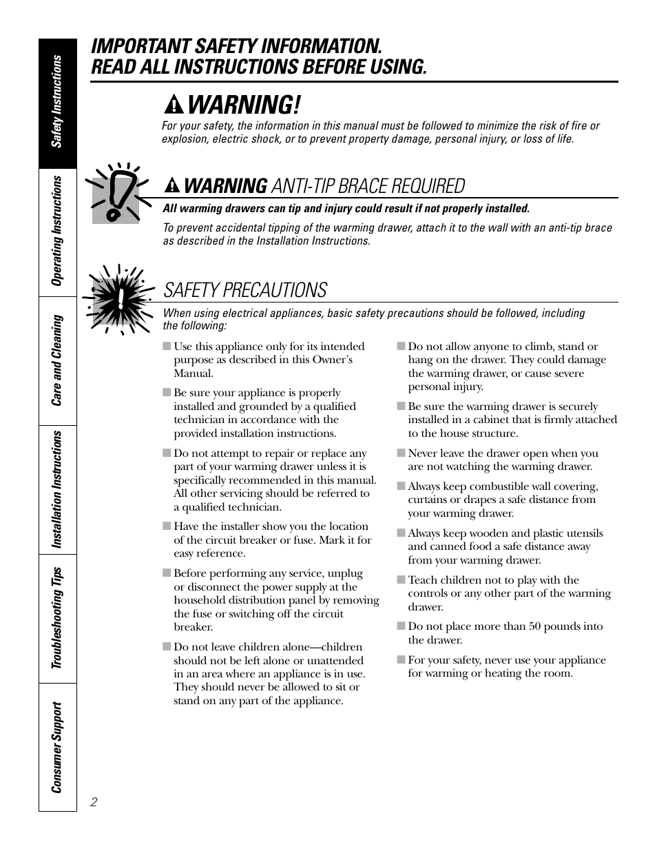 Safety instructions, Warning, Safety precautions | Warning anti-tip brace required | GE JTD915 User Manual | Page 2 / 24