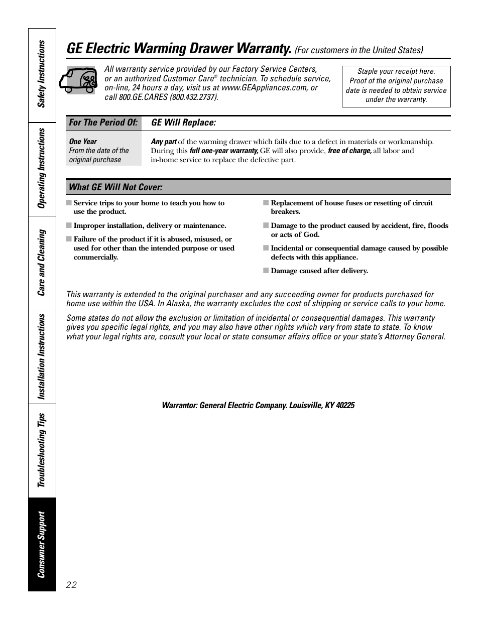Warranty for customers in the u.s.a, Ge electric warming drawer warranty | GE JTD915 User Manual | Page 22 / 24