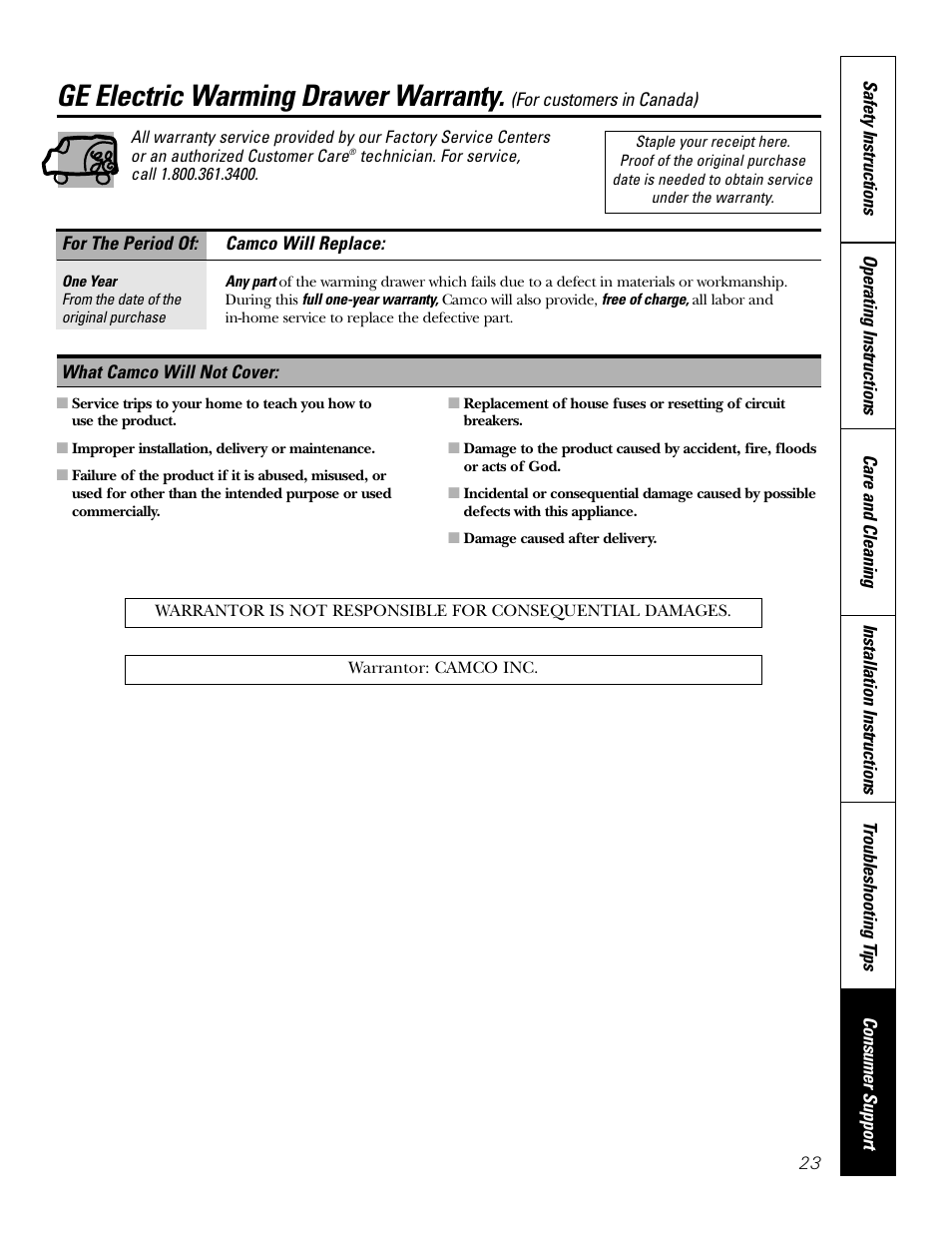 Warranty for customers in canada, Ge electric warming drawer warranty | GE JTD915 User Manual | Page 23 / 24
