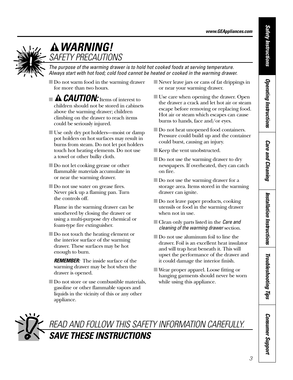 Warning, Caution | GE JTD915 User Manual | Page 3 / 24