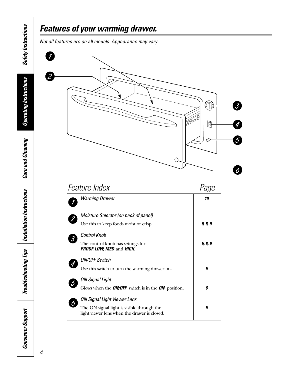 Features, Features of your warming drawer, Feature index page | GE JTD915 User Manual | Page 4 / 24