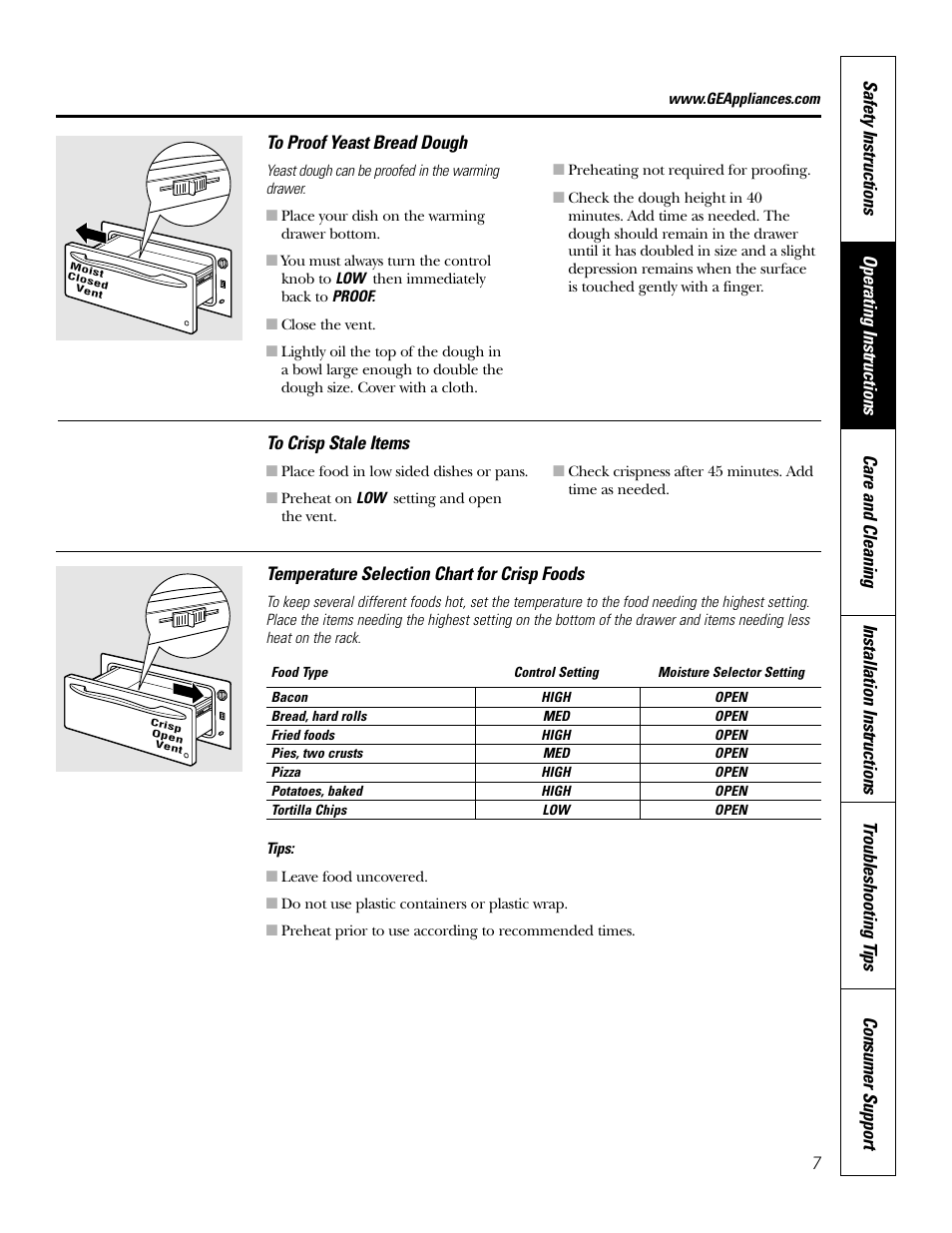 Crisping stale items, Proofing yeast bread and dough, Temperature selection charts | Temperature selection charts , 8 | GE JTD915 User Manual | Page 7 / 24
