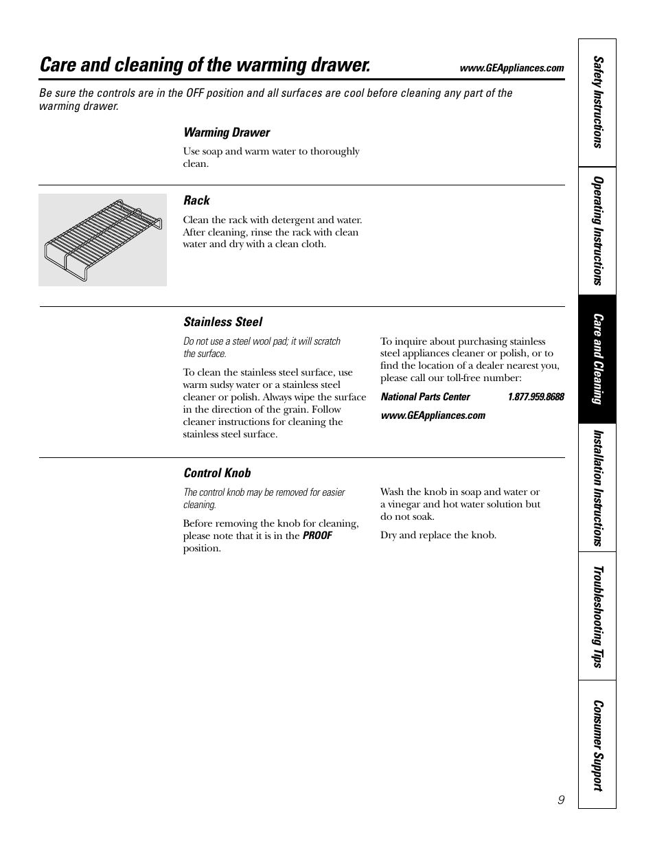 Care and cleaning, Care and cleaning of the warming drawer | GE JTD915 User Manual | Page 9 / 24