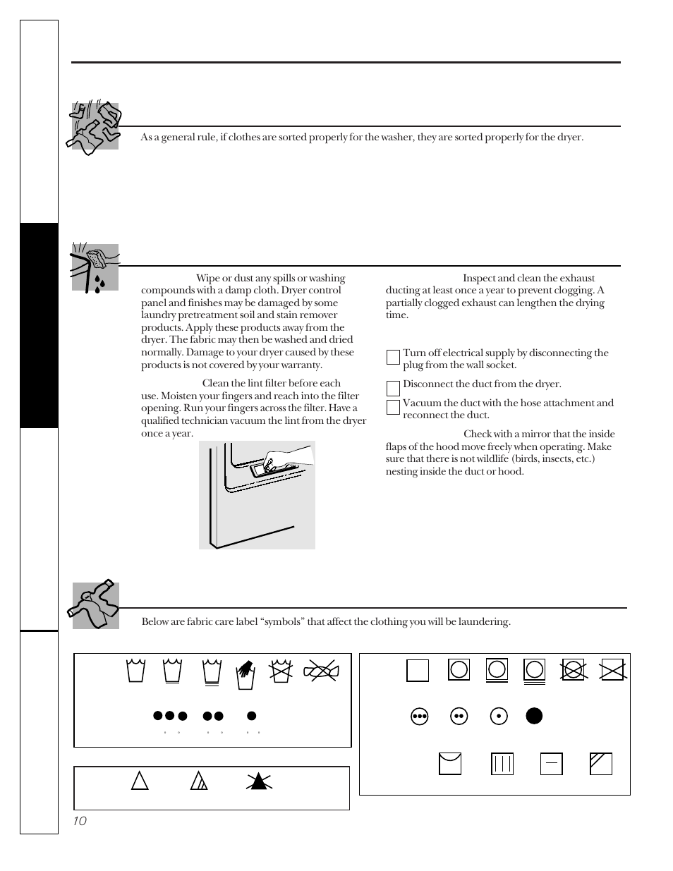 Loading and using the dryer, Sorting and loading hints, Fabric care labels | 32 1 care and cleaning of the dryer, Follow these steps, Wash labels dry labels bleach labels | GE 175D1807P241 User Manual | Page 10 / 16