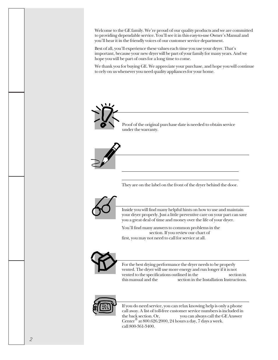 Operating instructions, Troubleshooting tips, Customer service | Ge & you, a service partnership, For your records, Read this manual proper venting, If you need service, Important | GE 175D1807P241 User Manual | Page 2 / 16