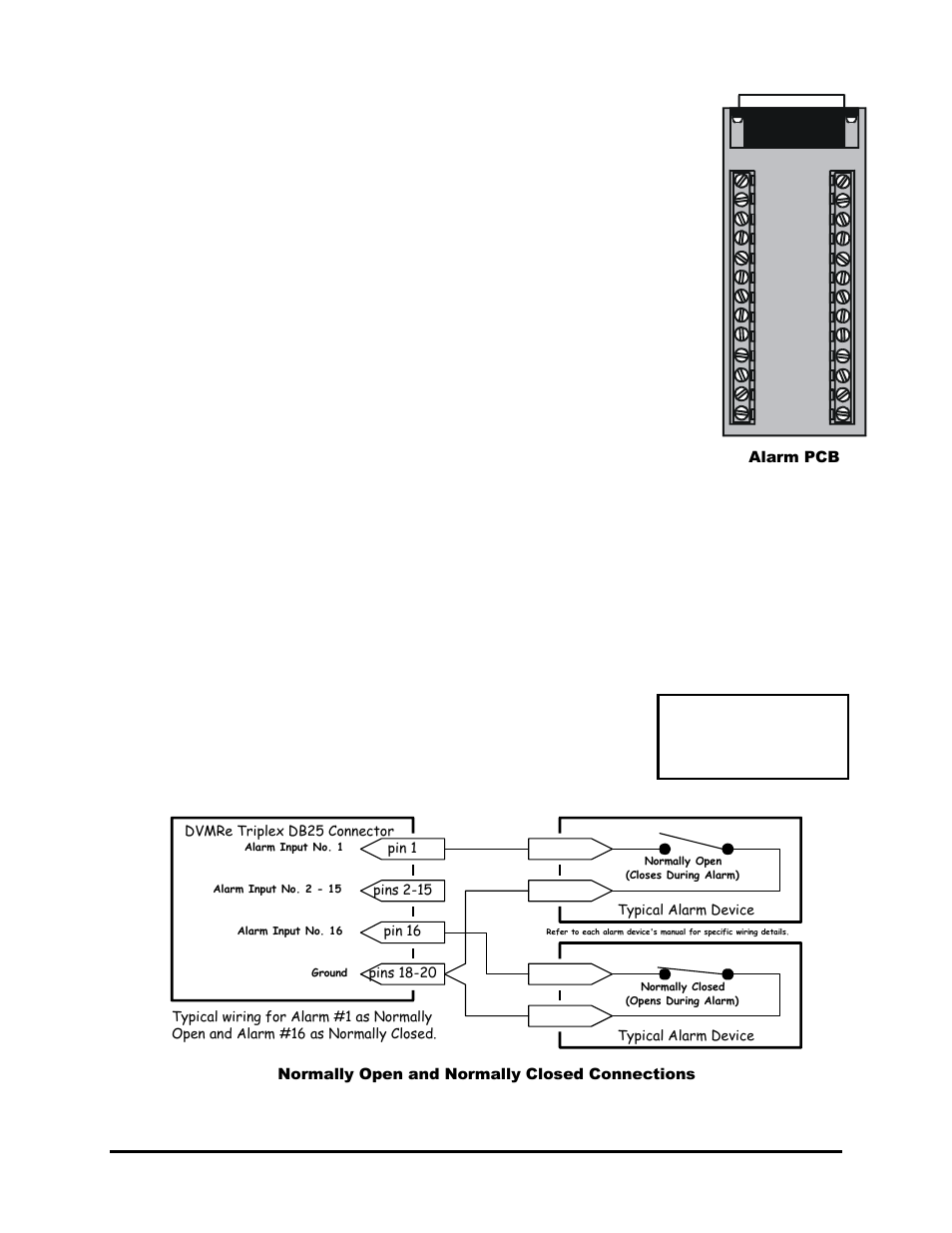 Alarm input, Normally open and normally closed connections, Pin 16 | Pins 18-20, Pins 2-15, Dvmre triplex db25 connector, Typical alarm device, Pin 1, Typical wiring for alarm #1 as normally, Open and alarm #16 as normally closed | GE DVMRe User Manual | Page 12 / 88
