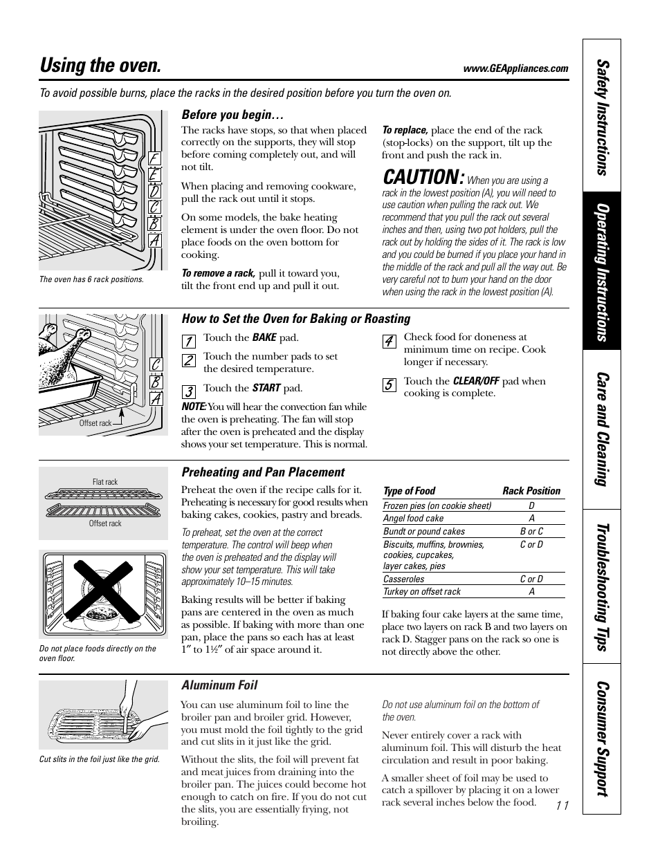 Oven, Oven , 12, Caution | Using the oven | GE JB910 User Manual | Page 11 / 48