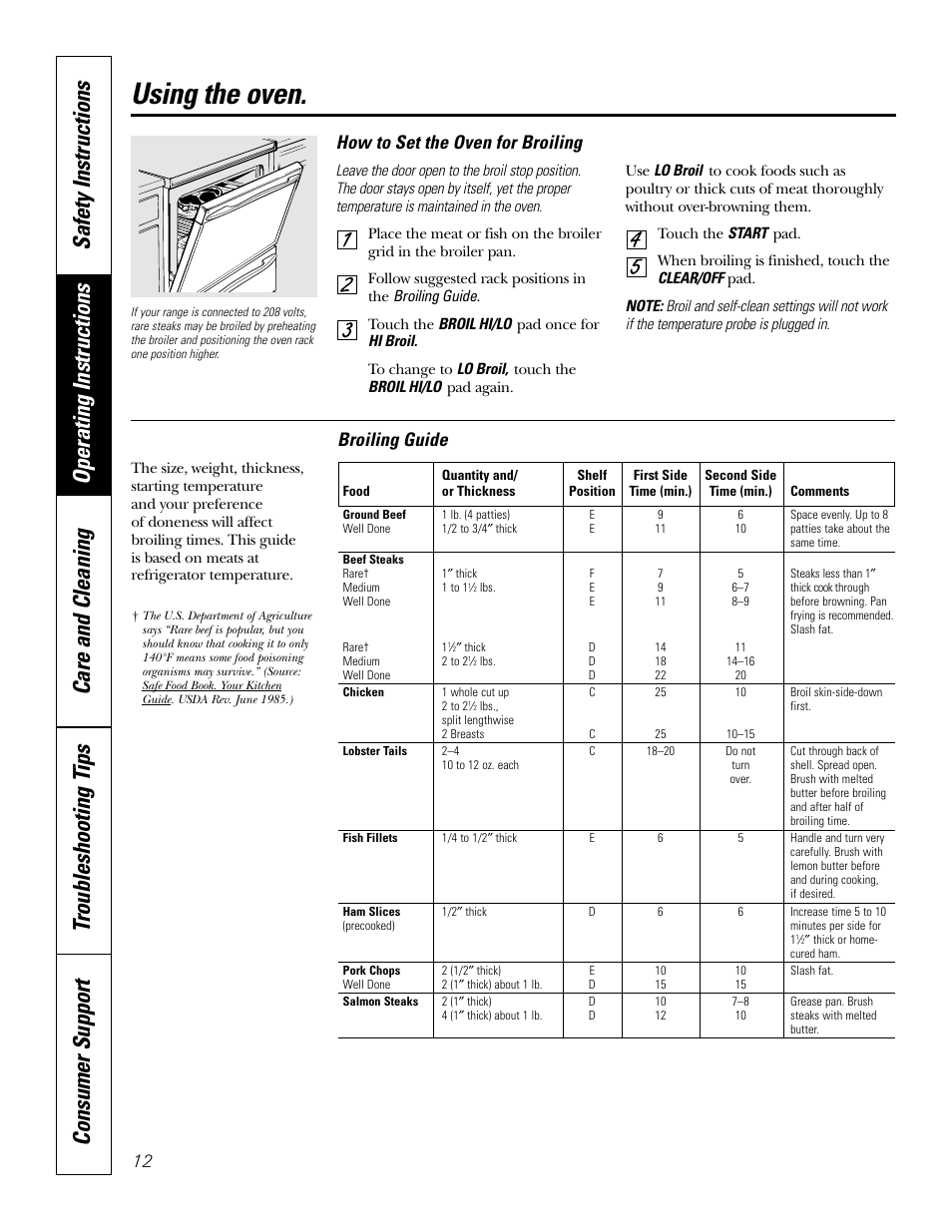 Broiling guide, Using the oven, How to set the oven for broiling | GE JB910 User Manual | Page 12 / 48