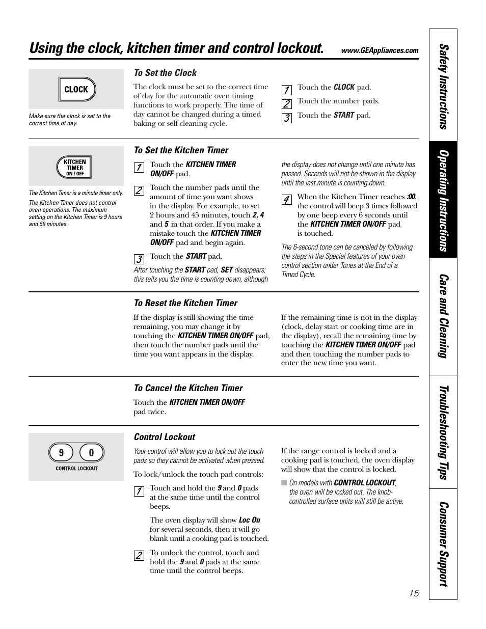 Clock, timer and control lockout, Using the clock, kitchen timer and control lockout | GE JB910 User Manual | Page 15 / 48