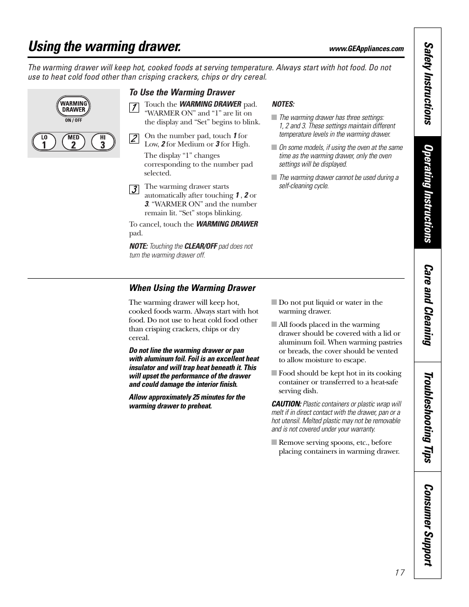 Warming drawer, Warming drawer , 18, Using the warming drawer | GE JB910 User Manual | Page 17 / 48