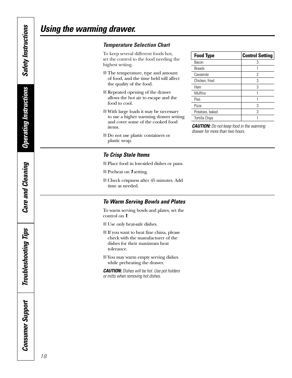 Using the warming drawer | GE JB910 User Manual | Page 18 / 48