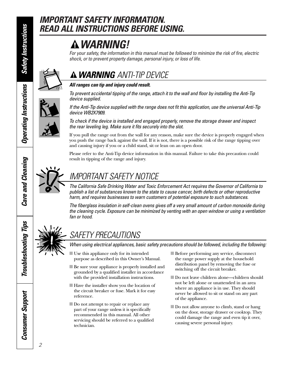 Safety instructions, Warning, Anti-tip device important safety notice | Safety precautions | GE JB910 User Manual | Page 2 / 48