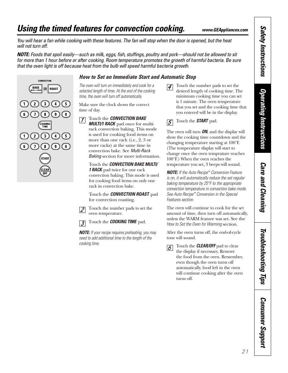 Timed features, Timed features , 22, Using the timed features for convection cooking | GE JB910 User Manual | Page 21 / 48