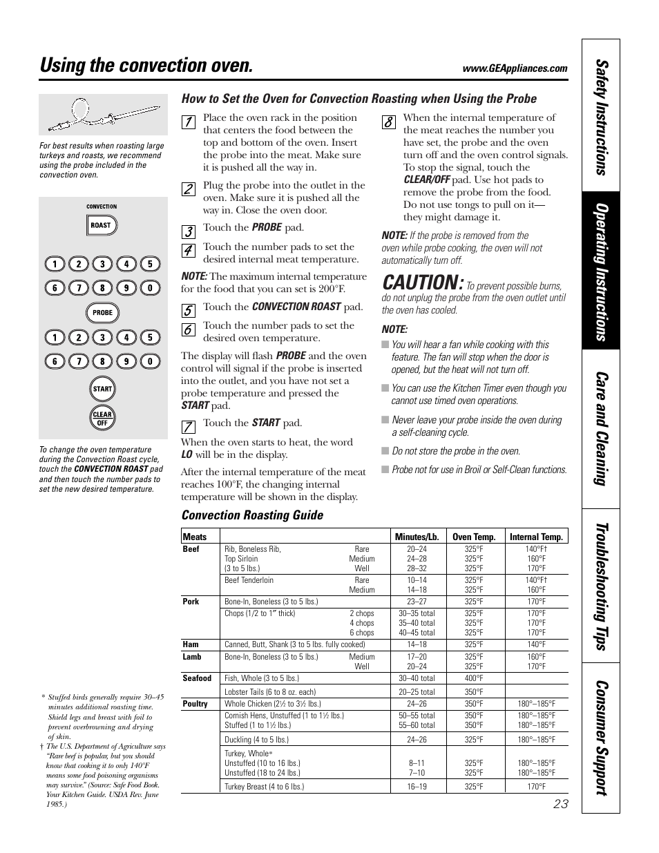 Roasting guide, Caution, Using the convection oven | Convection roasting guide | GE JB910 User Manual | Page 23 / 48