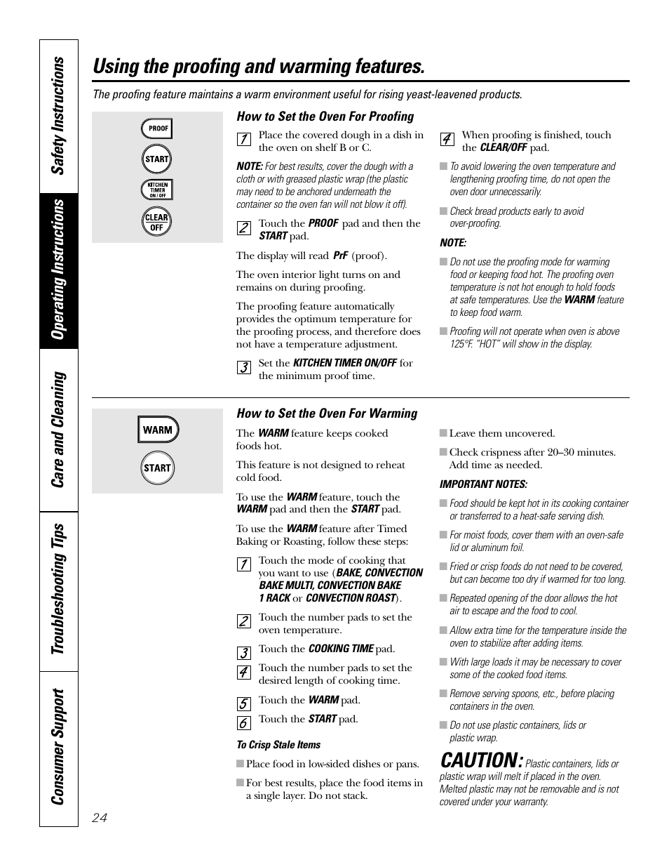 Proofing feature, Warming feature, Caution | Using the proofing and warming features | GE JB910 User Manual | Page 24 / 48