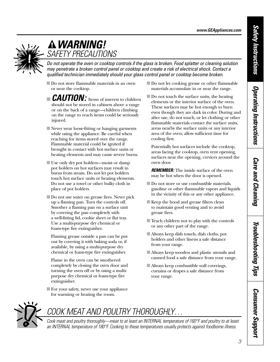 Warning, Caution, Safety precautions | Cook meat and poultry thoroughly | GE JB910 User Manual | Page 3 / 48