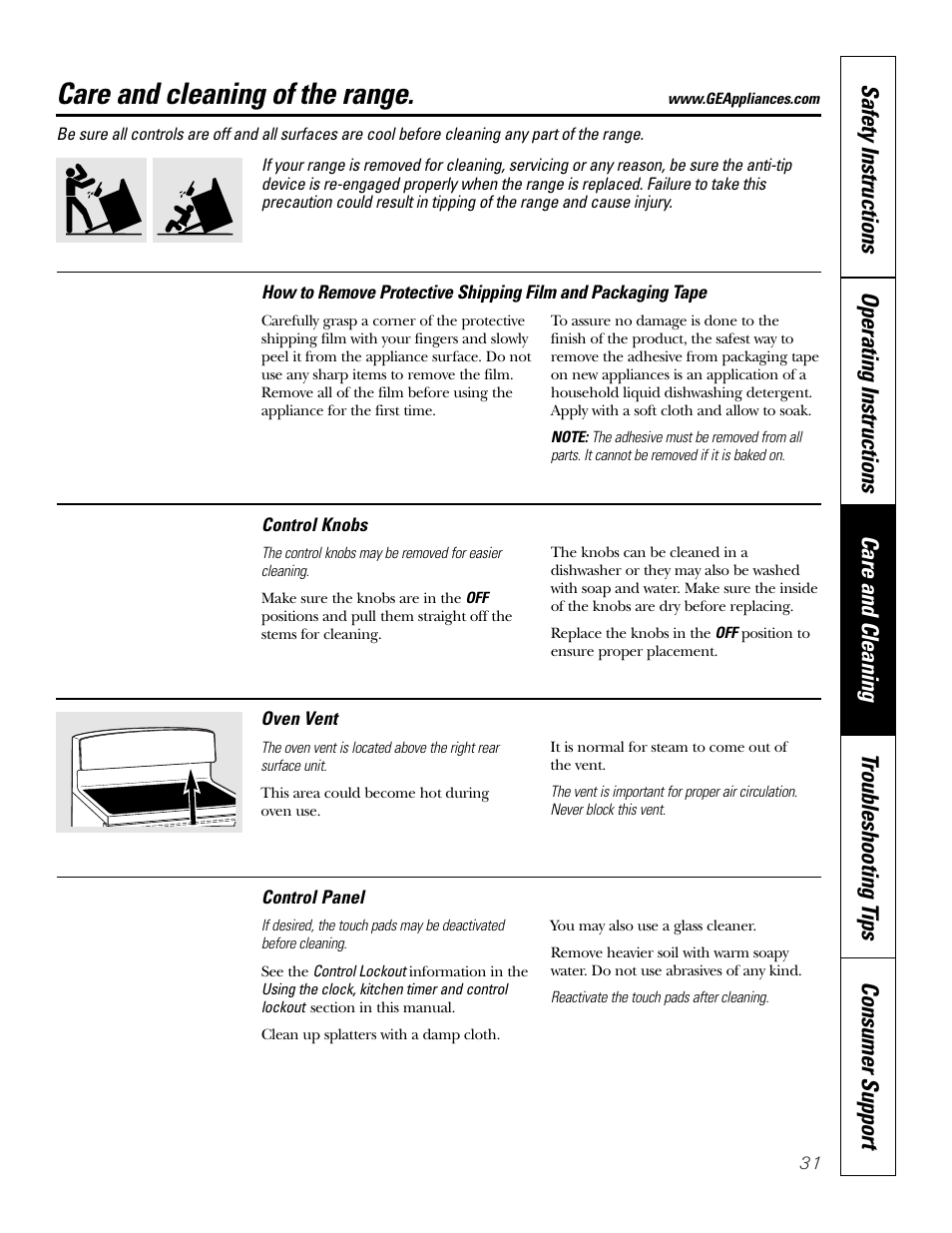 Care and cleaning, Care and cleaning of the range | GE JB910 User Manual | Page 31 / 48