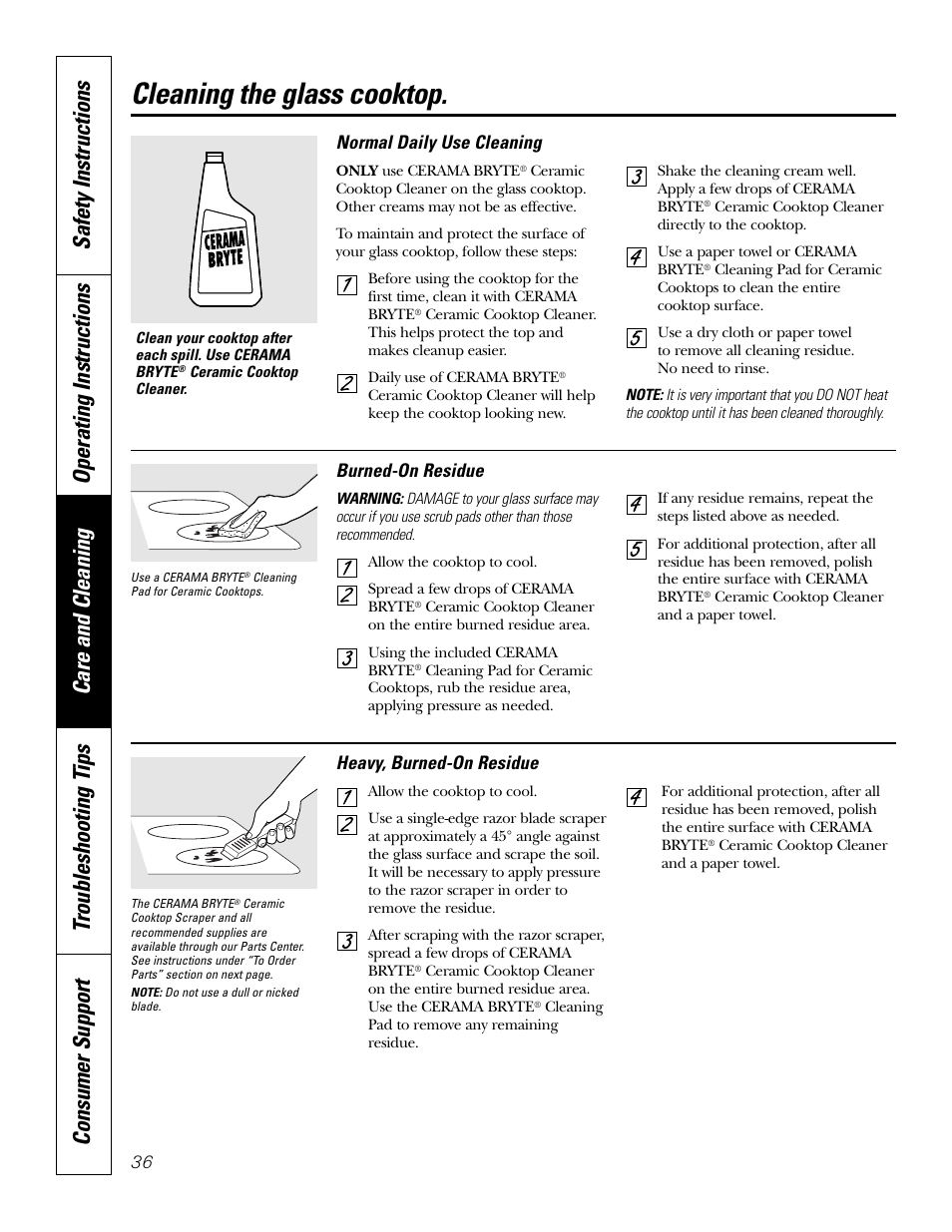 Cleaning the glass cooktop | GE JB910 User Manual | Page 36 / 48