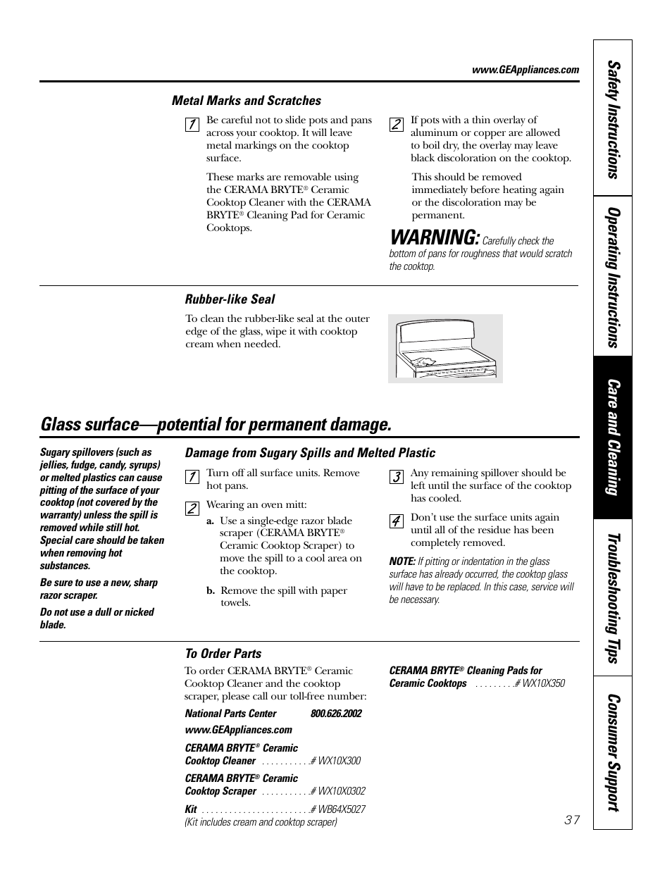 Warning, Glass surface—potential for permanent damage | GE JB910 User Manual | Page 37 / 48